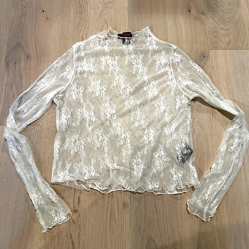Vintage Y2K Lettuce Hem Sheer Lace Top Fairycore Angelcore